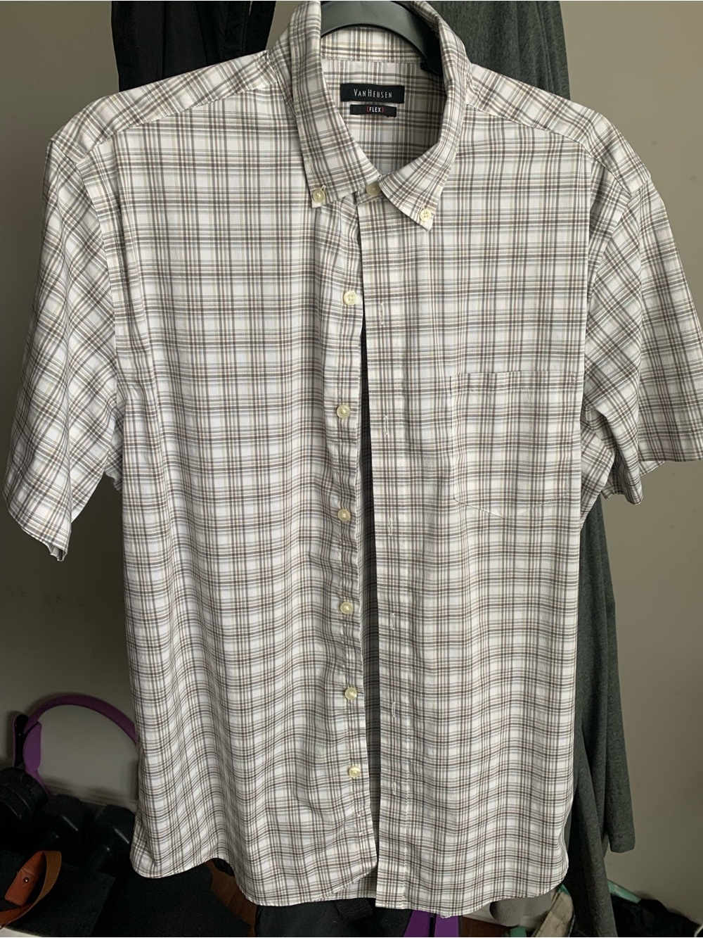 Van Heusen Men’s Short Sleeve Plaid Button-Down Shirt — White & Gray
